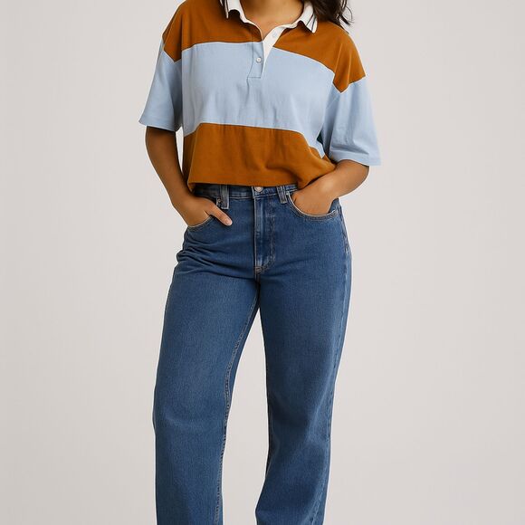 Women's Cropped Preppy Rugby Polo Shirt – L – Brown & Light Blue – Wild Fable - Picture 1 of 6